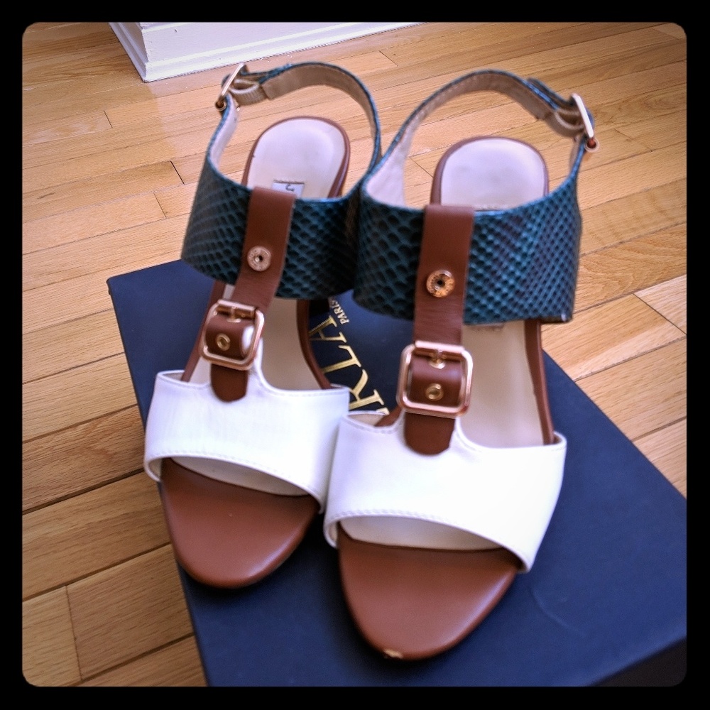Women’s Strappy Block Heel Sandals in White, Brown & Teal